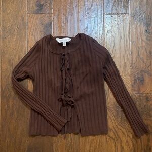 Brown Ribbed Cardigan with Tie Front
